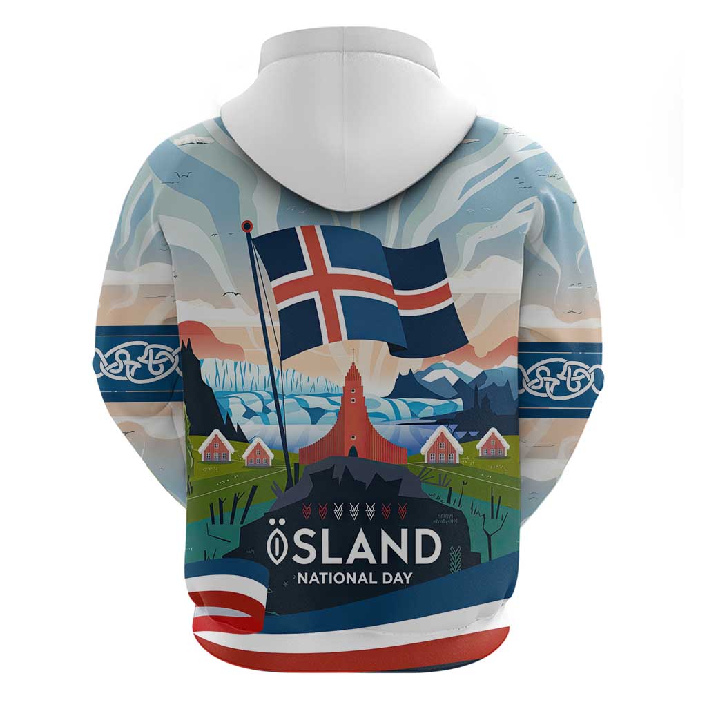 Iceland National Day Zip Hoodie with Icelandic Flag Crest and Scenic Landscape Design
