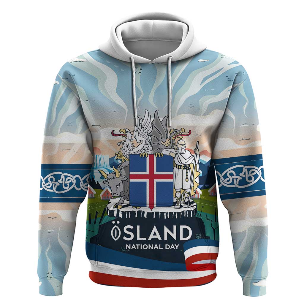 Iceland National Day Zip Hoodie with Icelandic Flag Crest and Scenic Landscape Design