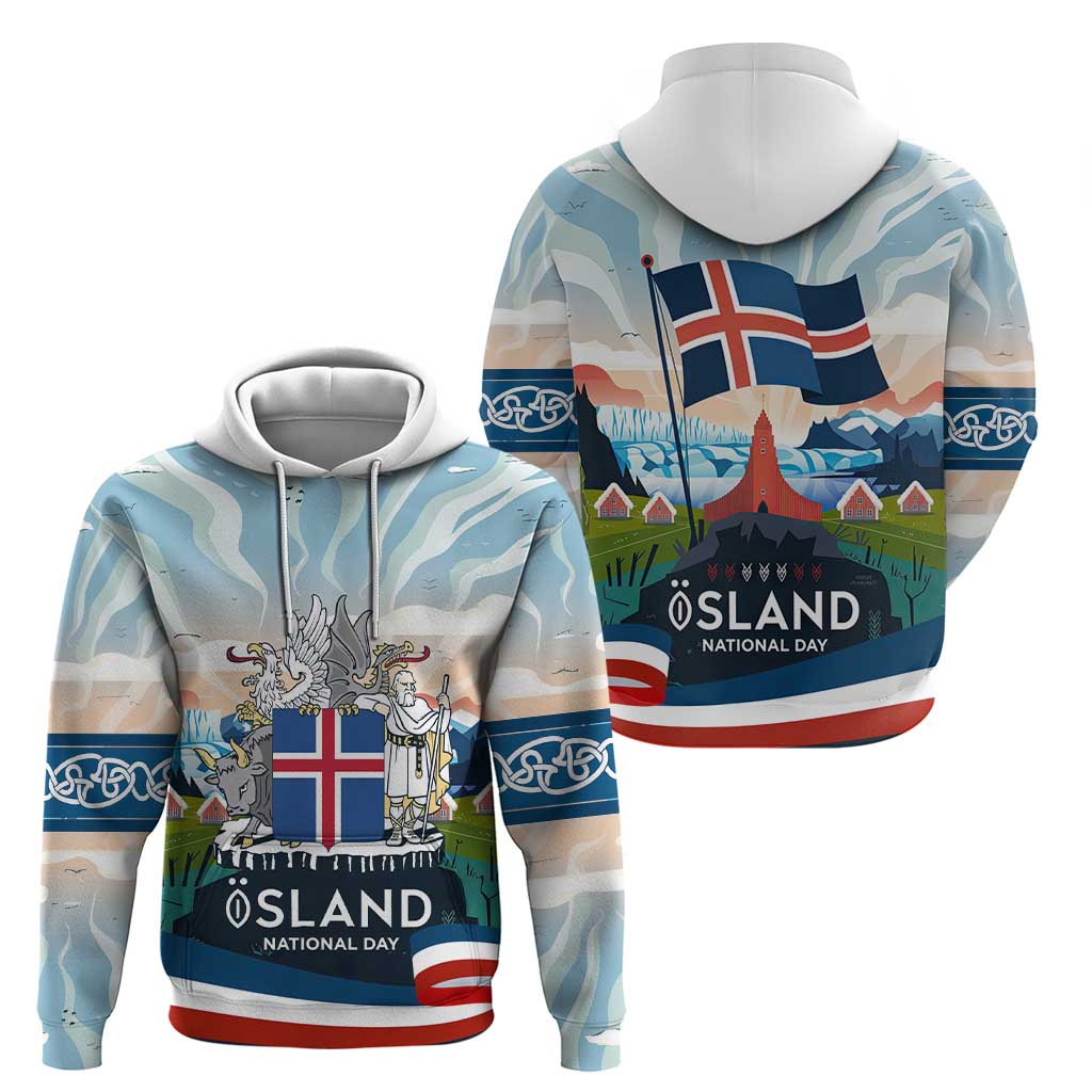 Iceland National Day Zip Hoodie with Icelandic Flag Crest and Scenic Landscape Design