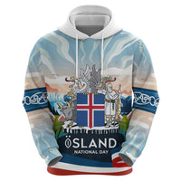 Iceland National Day Zip Hoodie with Icelandic Flag Crest and Scenic Landscape Design