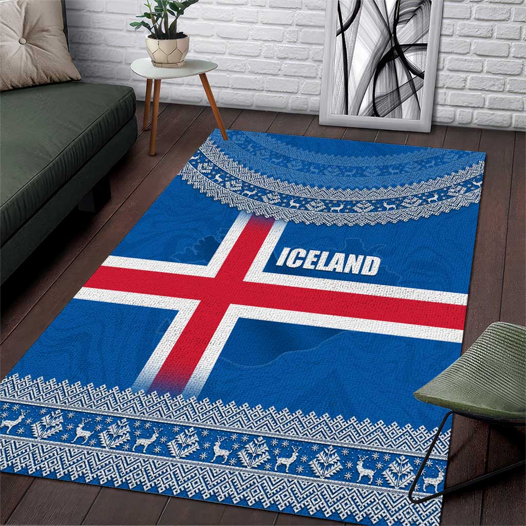 Iceland Flag Area Rug with Icelandic Crest and Traditional Nordic Knit Pattern Design