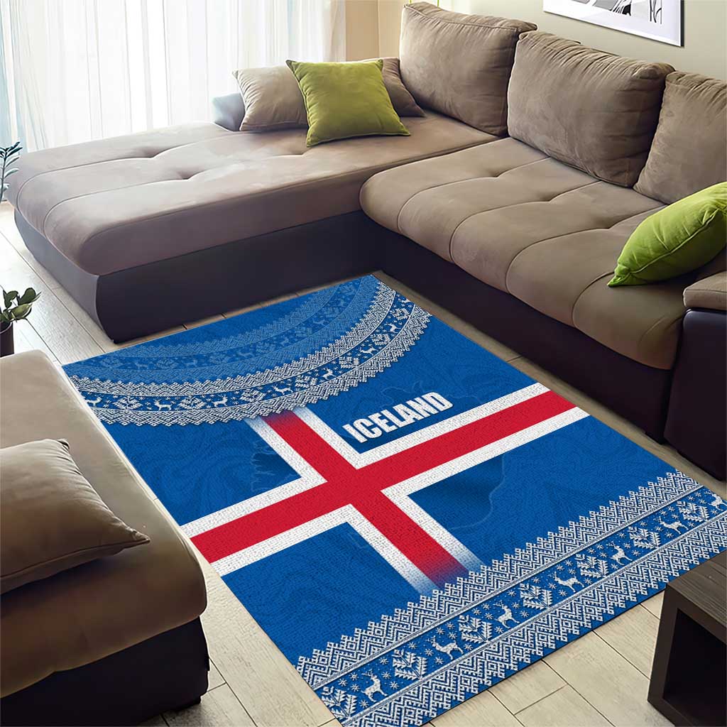 Iceland Flag Area Rug with Icelandic Crest and Traditional Nordic Knit Pattern Design