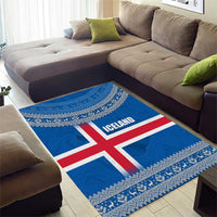 Iceland Flag Area Rug with Icelandic Crest and Traditional Nordic Knit Pattern Design