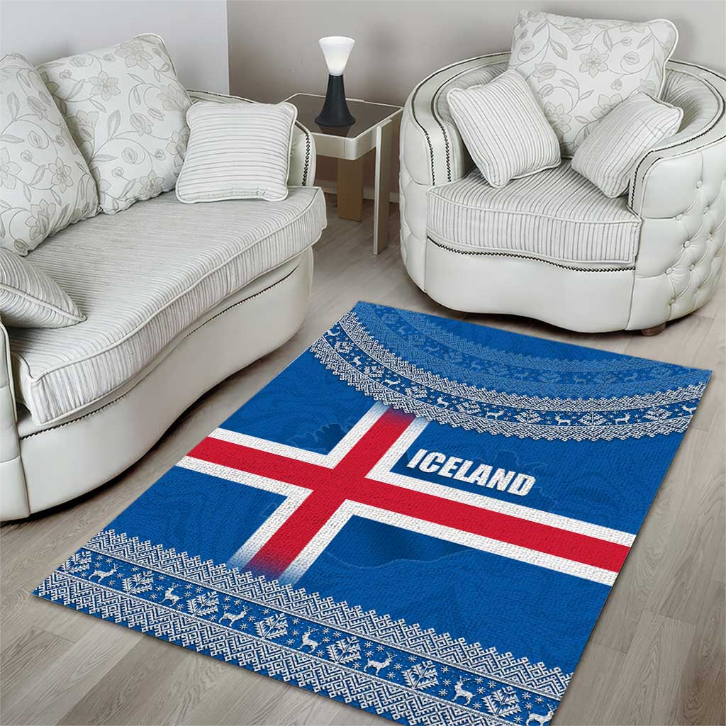 Iceland Flag Area Rug with Icelandic Crest and Traditional Nordic Knit Pattern Design
