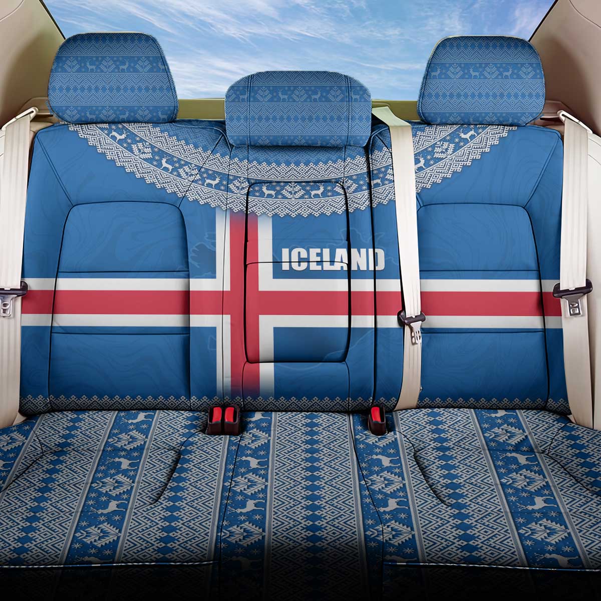 Iceland Flag Back Car Seat Cover with Icelandic Crest and Traditional Nordic Knit Pattern Design