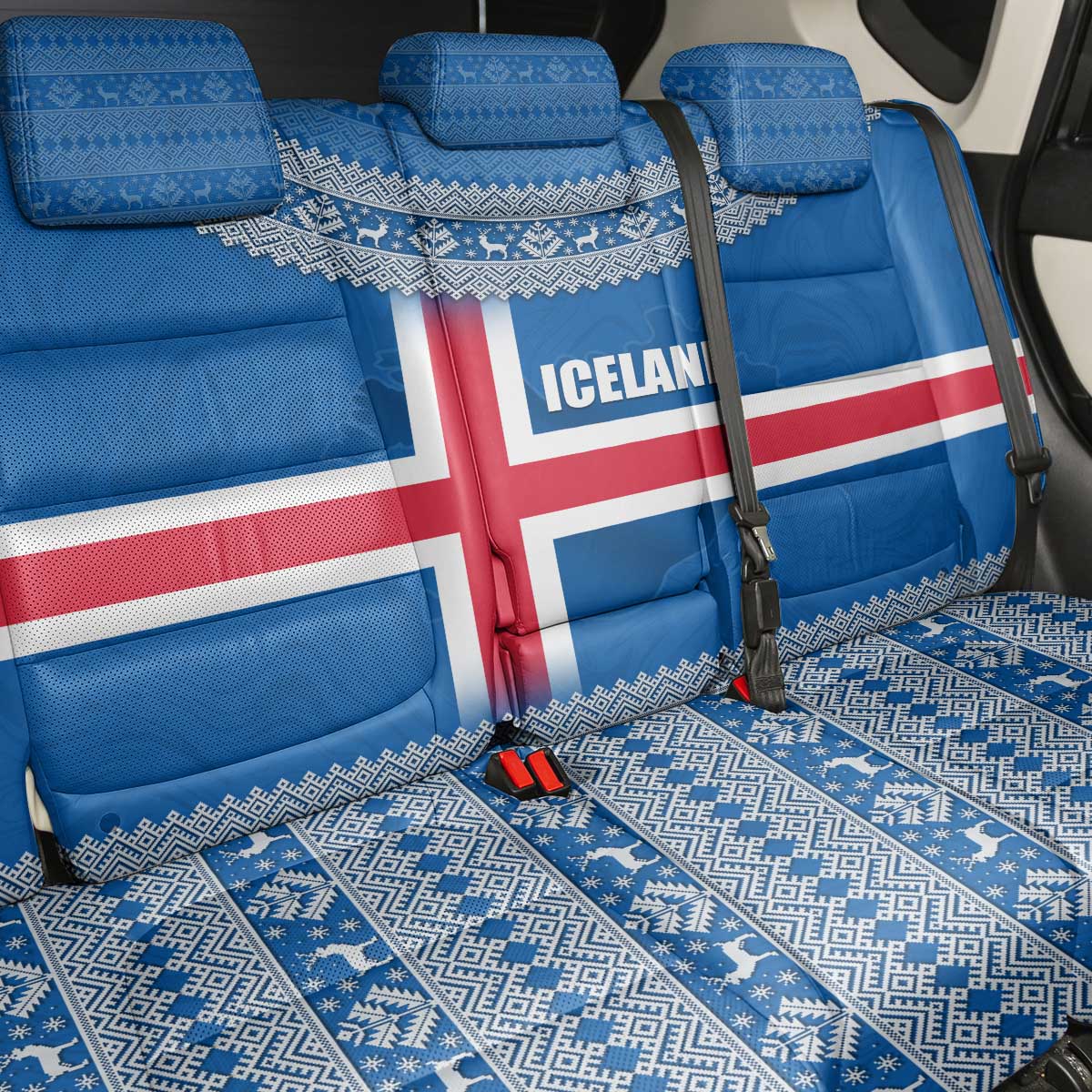 Iceland Flag Back Car Seat Cover with Icelandic Crest and Traditional Nordic Knit Pattern Design