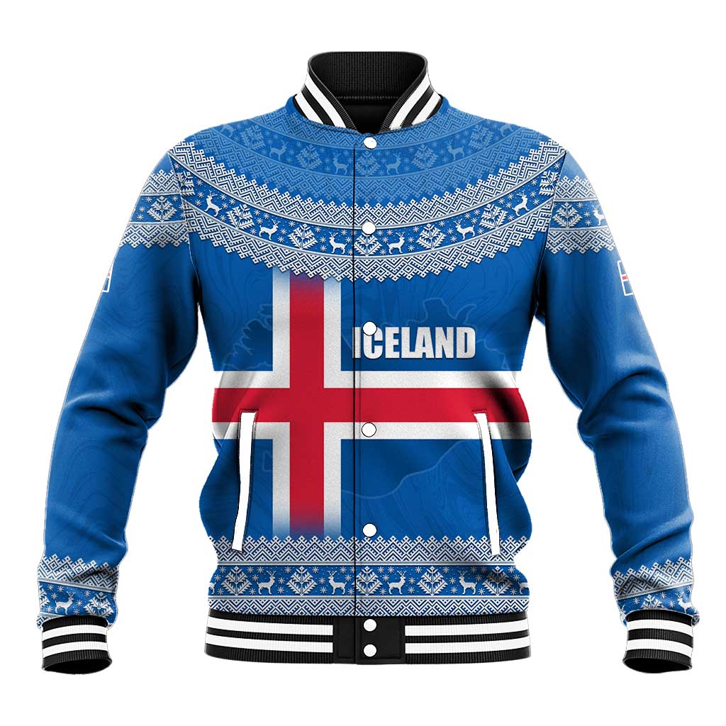 Iceland Flag Baseball Jacket with Icelandic Crest and Traditional Nordic Knit Pattern Design