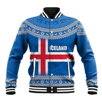 Iceland Flag Baseball Jacket with Icelandic Crest and Traditional Nordic Knit Pattern Design