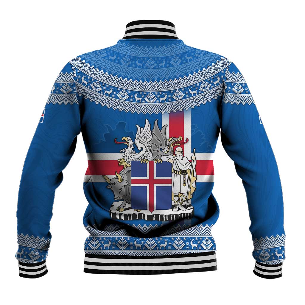 Iceland Flag Baseball Jacket with Icelandic Crest and Traditional Nordic Knit Pattern Design
