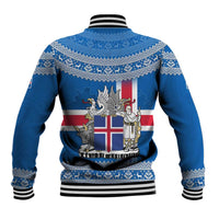 Iceland Flag Baseball Jacket with Icelandic Crest and Traditional Nordic Knit Pattern Design