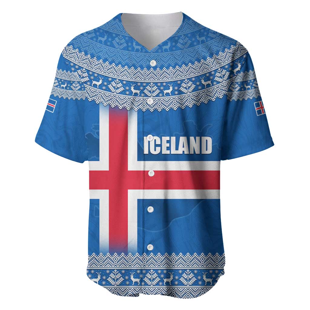 Iceland Flag Baseball Jersey with Icelandic Crest and Traditional Nordic Knit Pattern Design