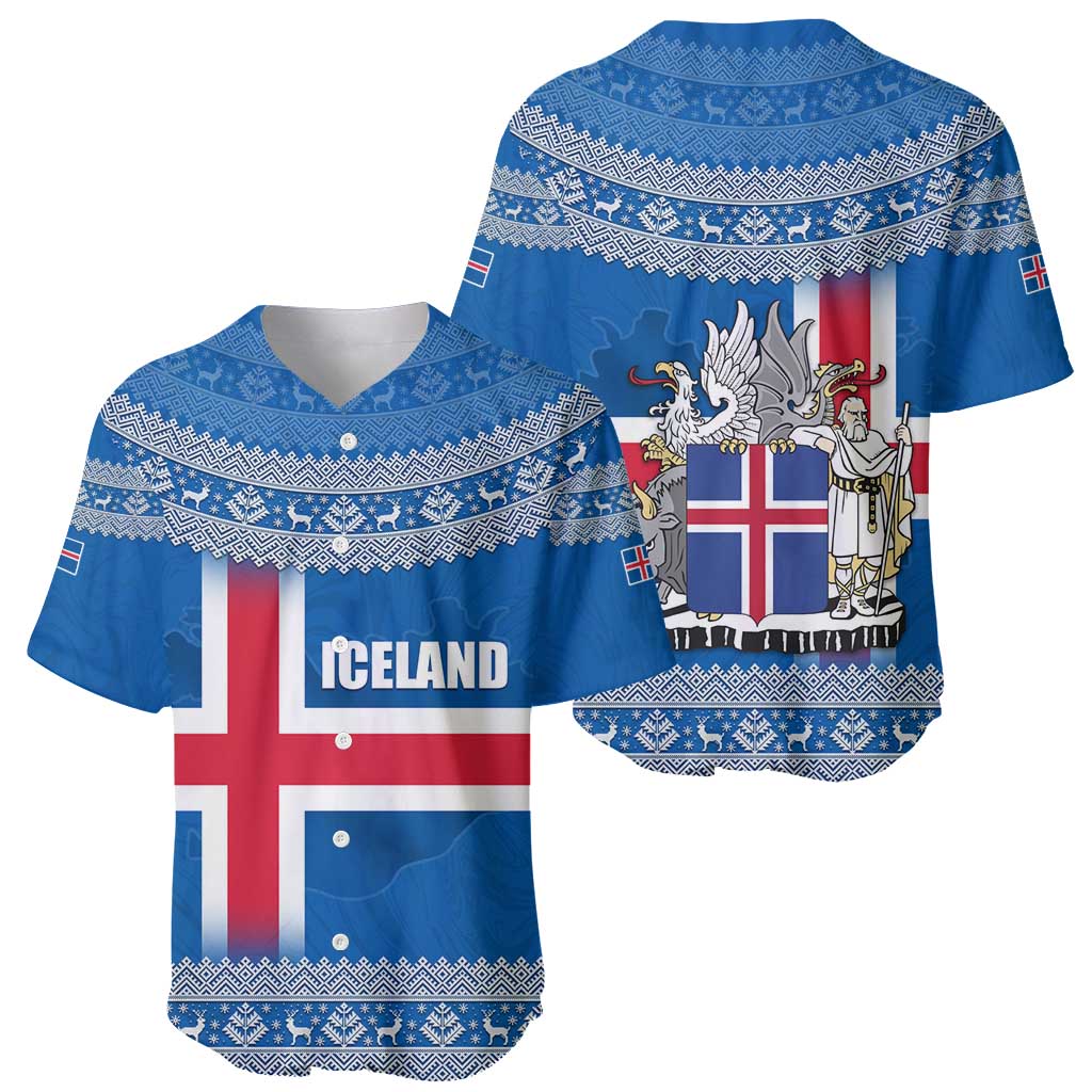 Iceland Flag Baseball Jersey with Icelandic Crest and Traditional Nordic Knit Pattern Design