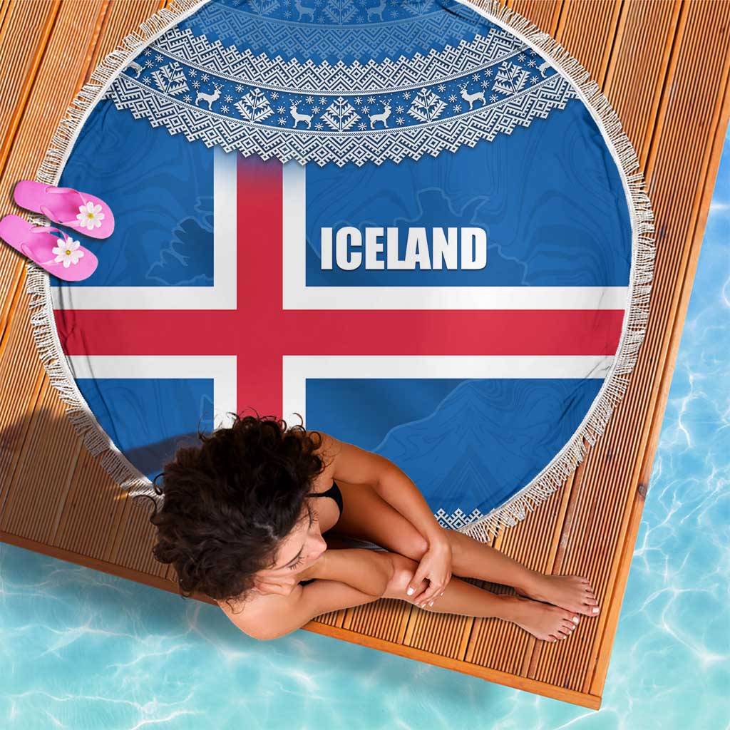 Iceland Flag Beach Blanket with Icelandic Crest and Traditional Nordic Knit Pattern Design