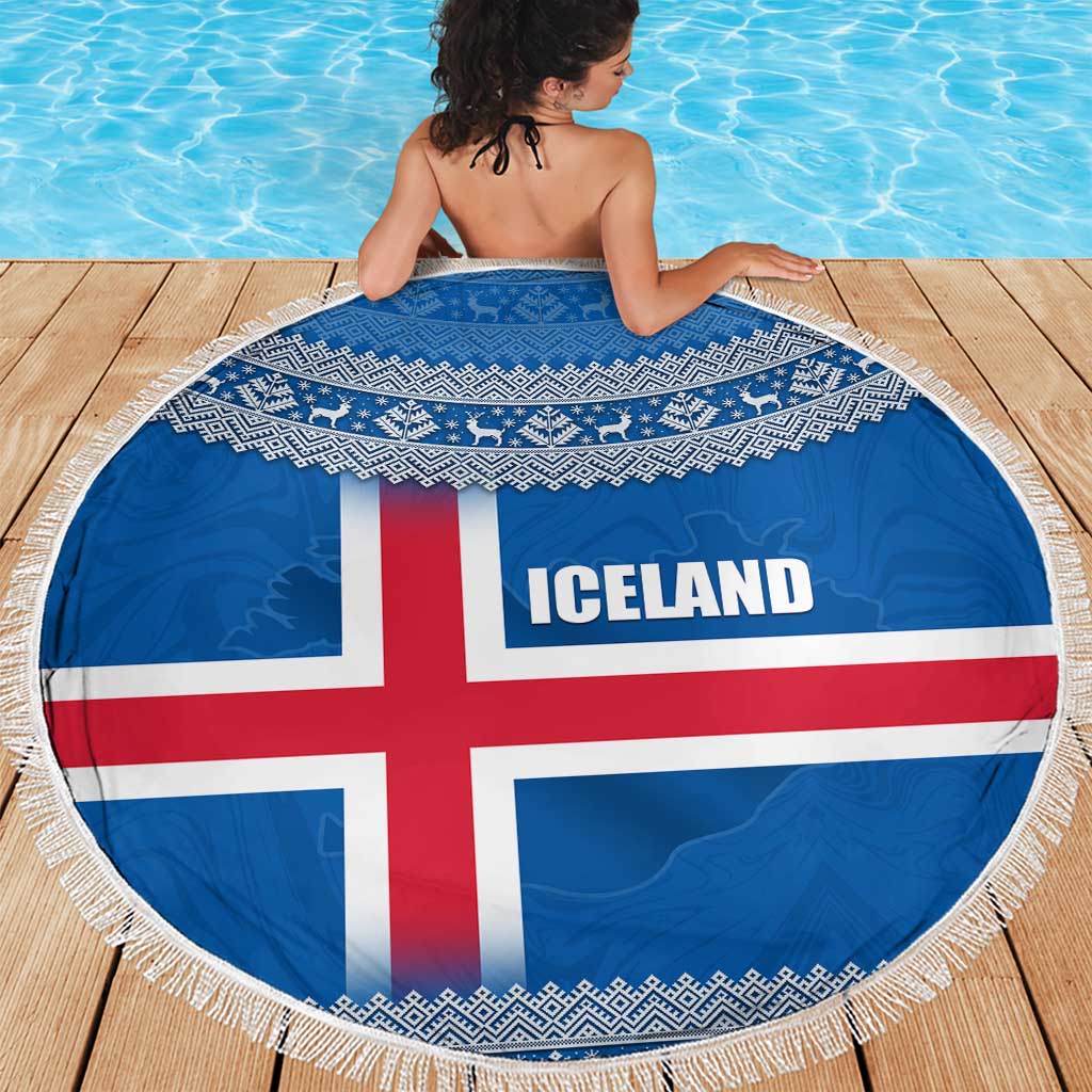 Iceland Flag Beach Blanket with Icelandic Crest and Traditional Nordic Knit Pattern Design