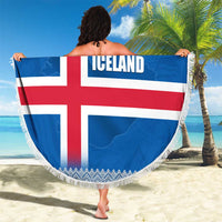 Iceland Flag Beach Blanket with Icelandic Crest and Traditional Nordic Knit Pattern Design