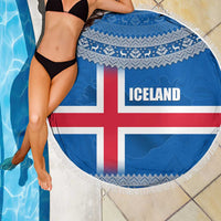 Iceland Flag Beach Blanket with Icelandic Crest and Traditional Nordic Knit Pattern Design