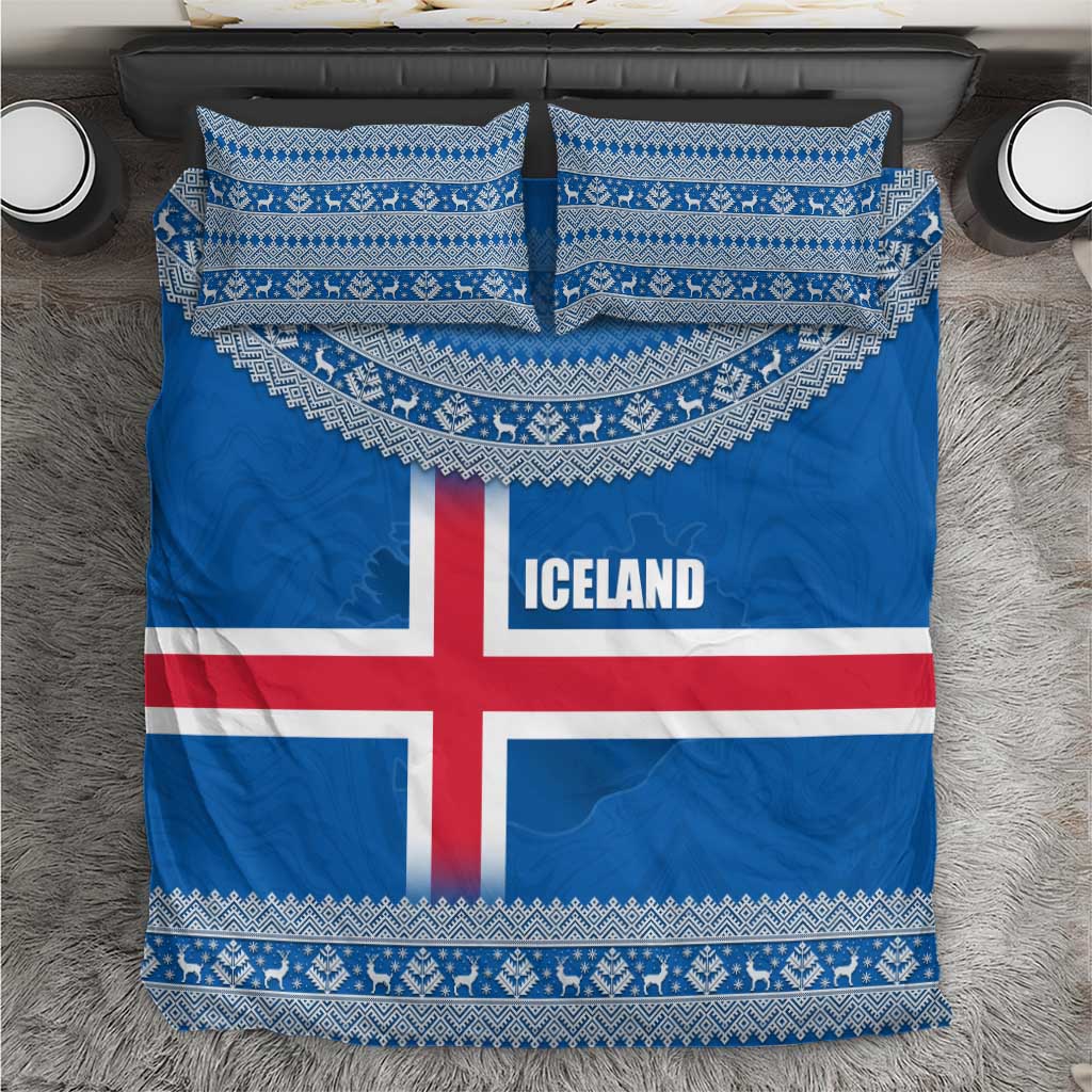 Iceland Flag Bedding Set with Icelandic Crest and Traditional Nordic Knit Pattern Design
