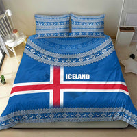 Iceland Flag Bedding Set with Icelandic Crest and Traditional Nordic Knit Pattern Design
