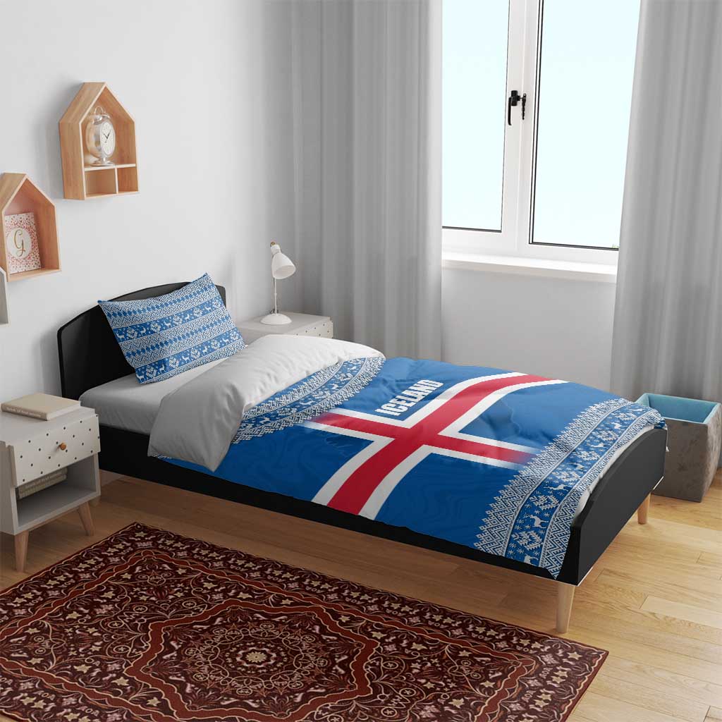 Iceland Flag Bedding Set with Icelandic Crest and Traditional Nordic Knit Pattern Design