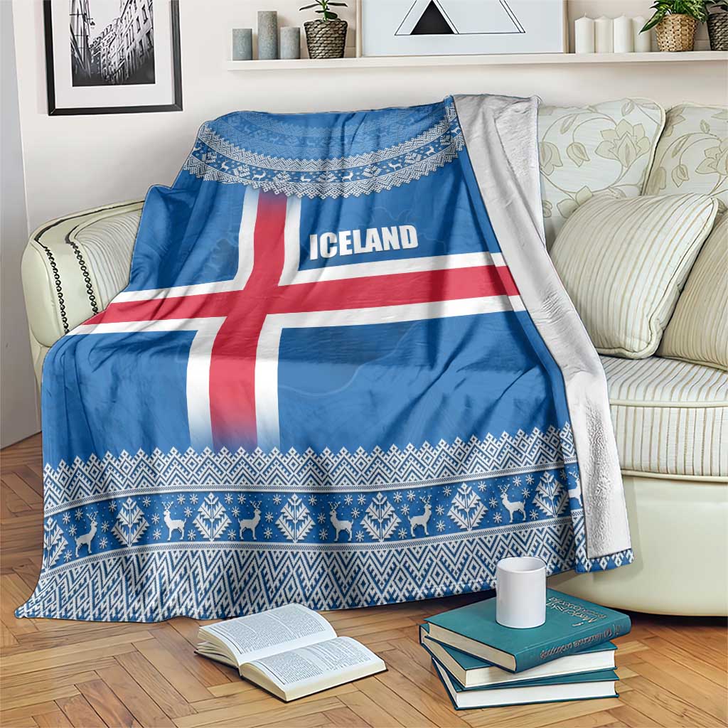Iceland Flag Blanket with Icelandic Crest and Traditional Nordic Knit Pattern Design