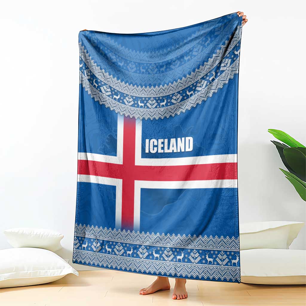 Iceland Flag Blanket with Icelandic Crest and Traditional Nordic Knit Pattern Design