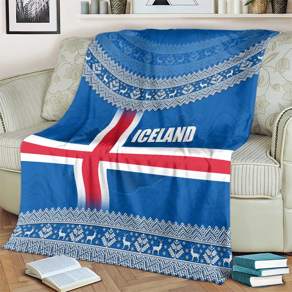 Iceland Flag Blanket with Icelandic Crest and Traditional Nordic Knit Pattern Design