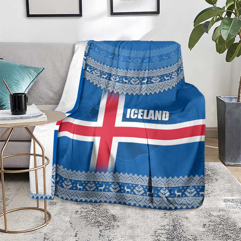 Iceland Flag Blanket with Icelandic Crest and Traditional Nordic Knit Pattern Design