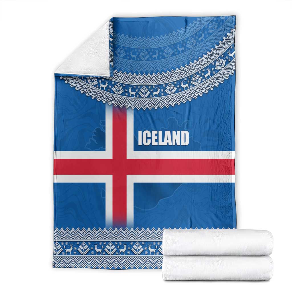 Iceland Flag Blanket with Icelandic Crest and Traditional Nordic Knit Pattern Design