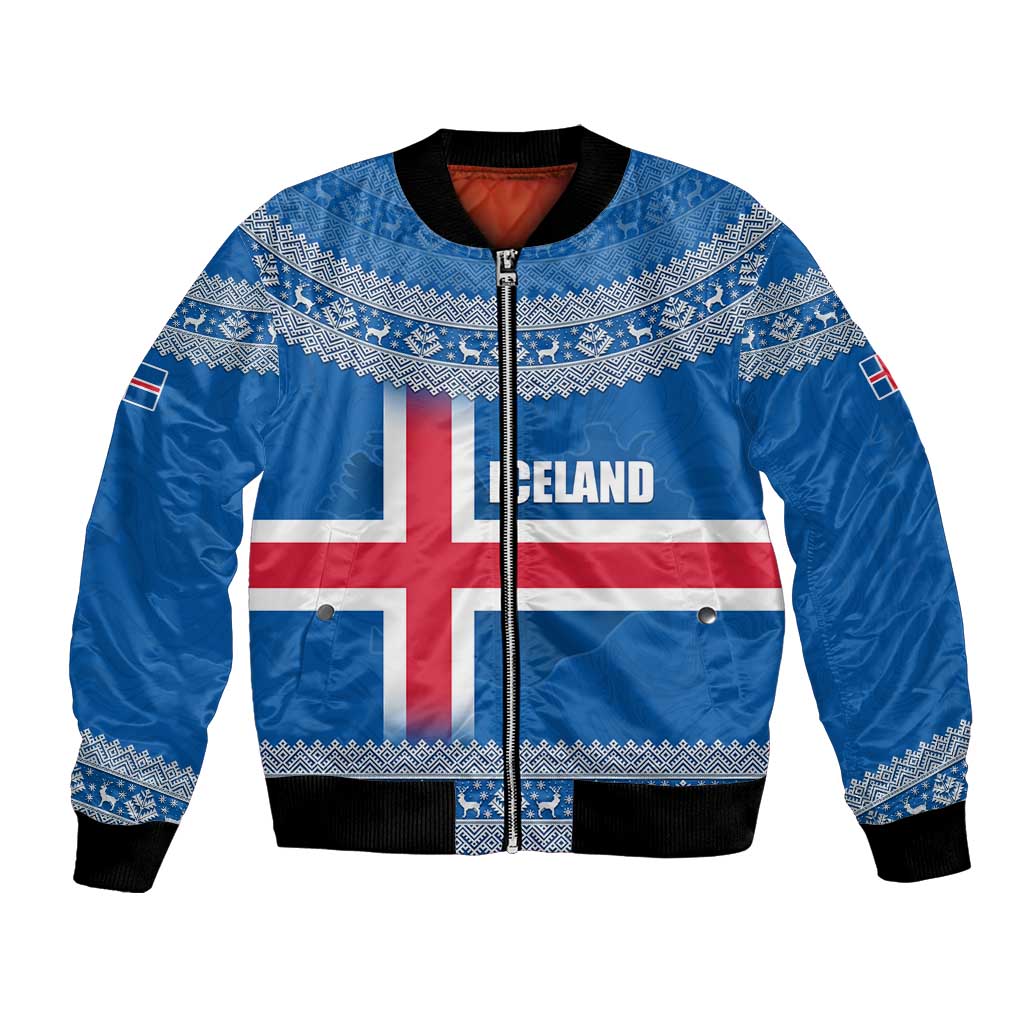 Iceland Flag Bomber Jacket with Icelandic Crest and Traditional Nordic Knit Pattern Design
