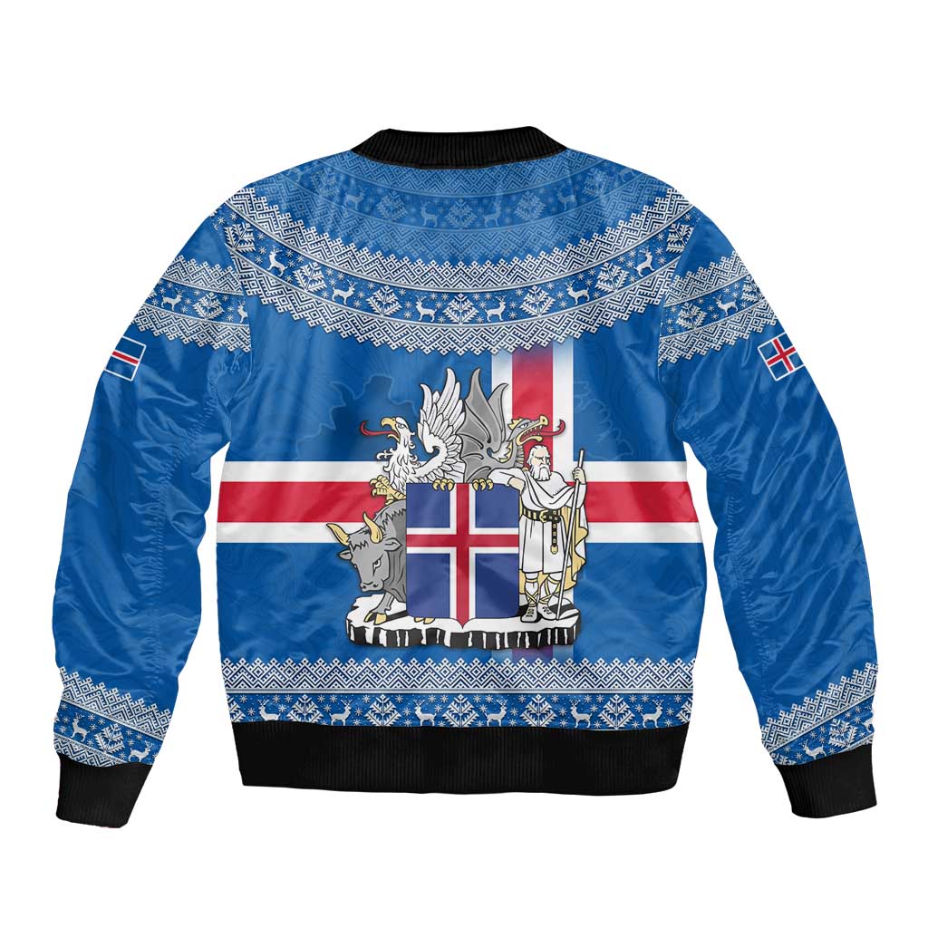 Iceland Flag Bomber Jacket with Icelandic Crest and Traditional Nordic Knit Pattern Design