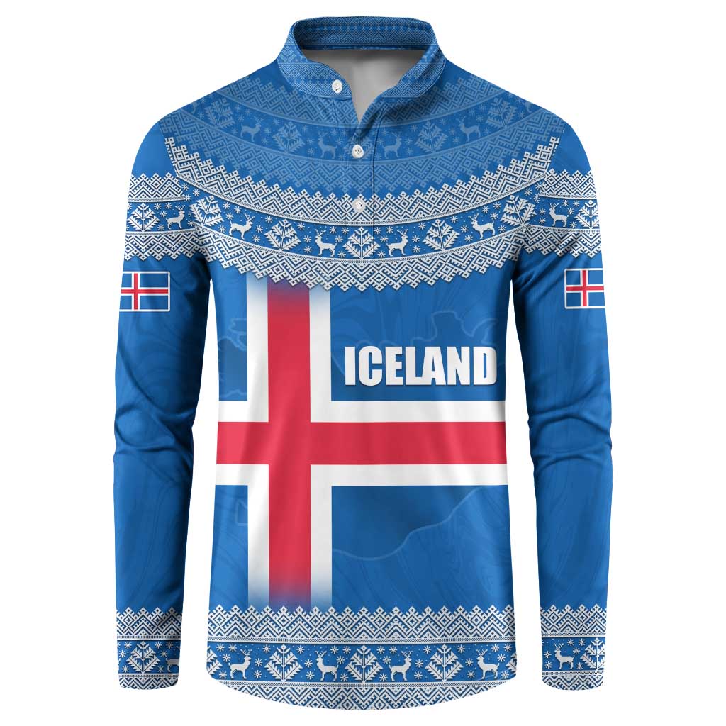 Iceland Flag Button Sweatshirt with Icelandic Crest and Traditional Nordic Knit Pattern Design