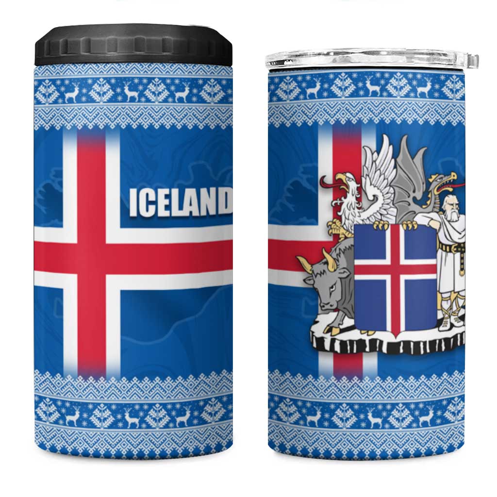 Iceland Flag 4 in 1 Can Cooler Tumbler with Icelandic Crest and Traditional Nordic Knit Pattern Design