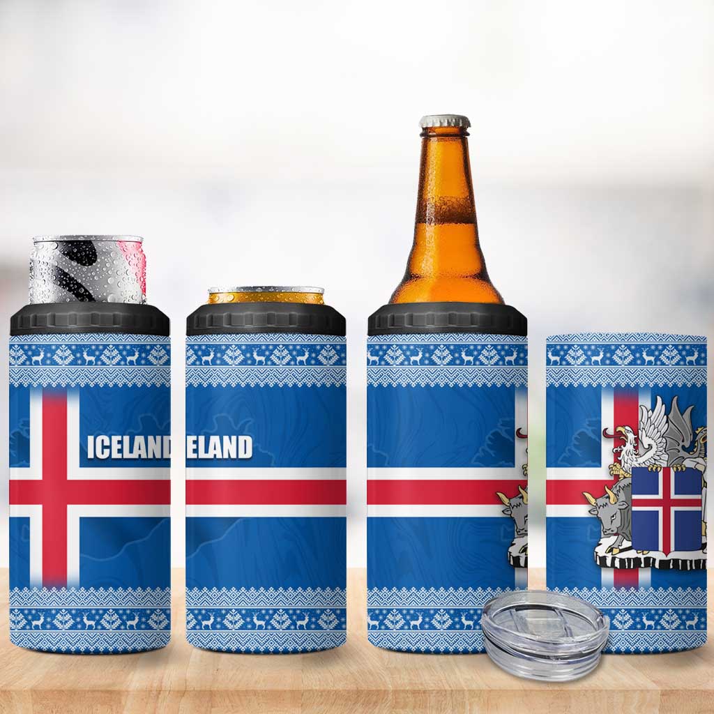 Iceland Flag 4 in 1 Can Cooler Tumbler with Icelandic Crest and Traditional Nordic Knit Pattern Design