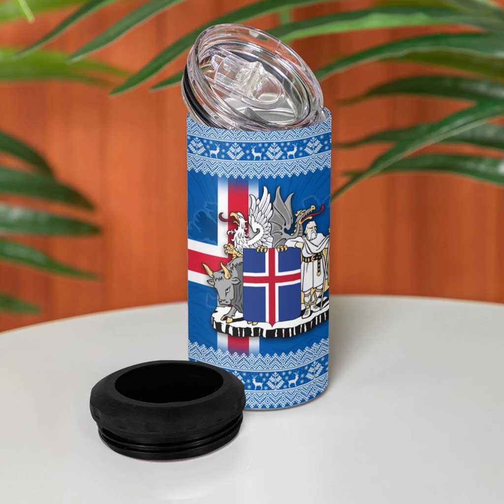 Iceland Flag 4 in 1 Can Cooler Tumbler with Icelandic Crest and Traditional Nordic Knit Pattern Design