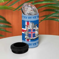 Iceland Flag 4 in 1 Can Cooler Tumbler with Icelandic Crest and Traditional Nordic Knit Pattern Design