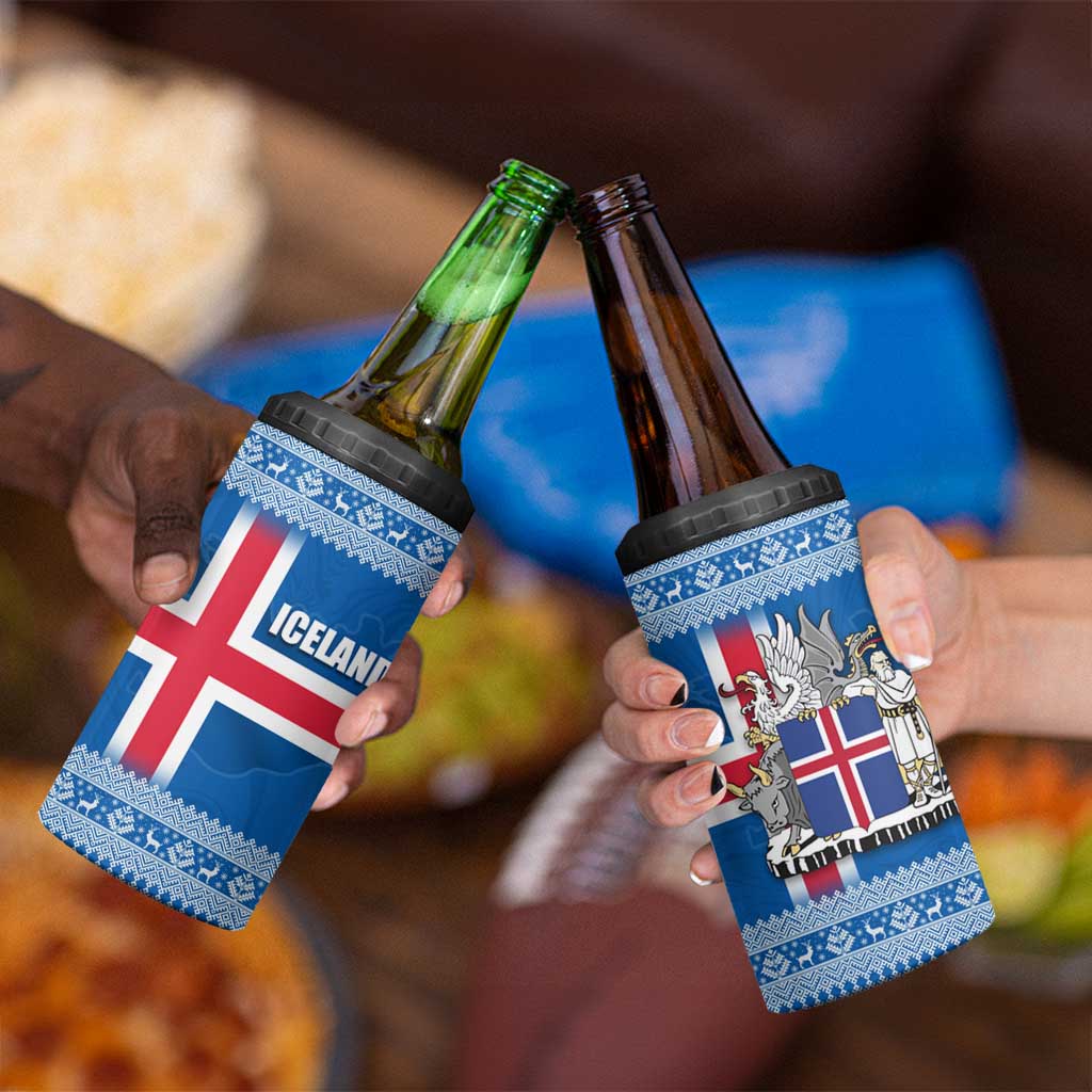 Iceland Flag 4 in 1 Can Cooler Tumbler with Icelandic Crest and Traditional Nordic Knit Pattern Design
