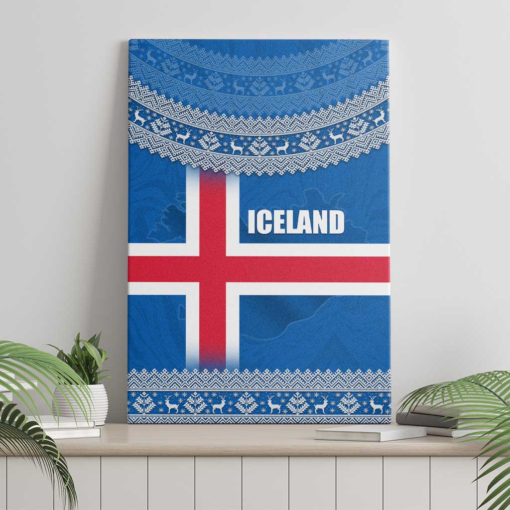 Iceland Flag Canvas Wall Art with Icelandic Crest and Traditional Nordic Knit Pattern Design