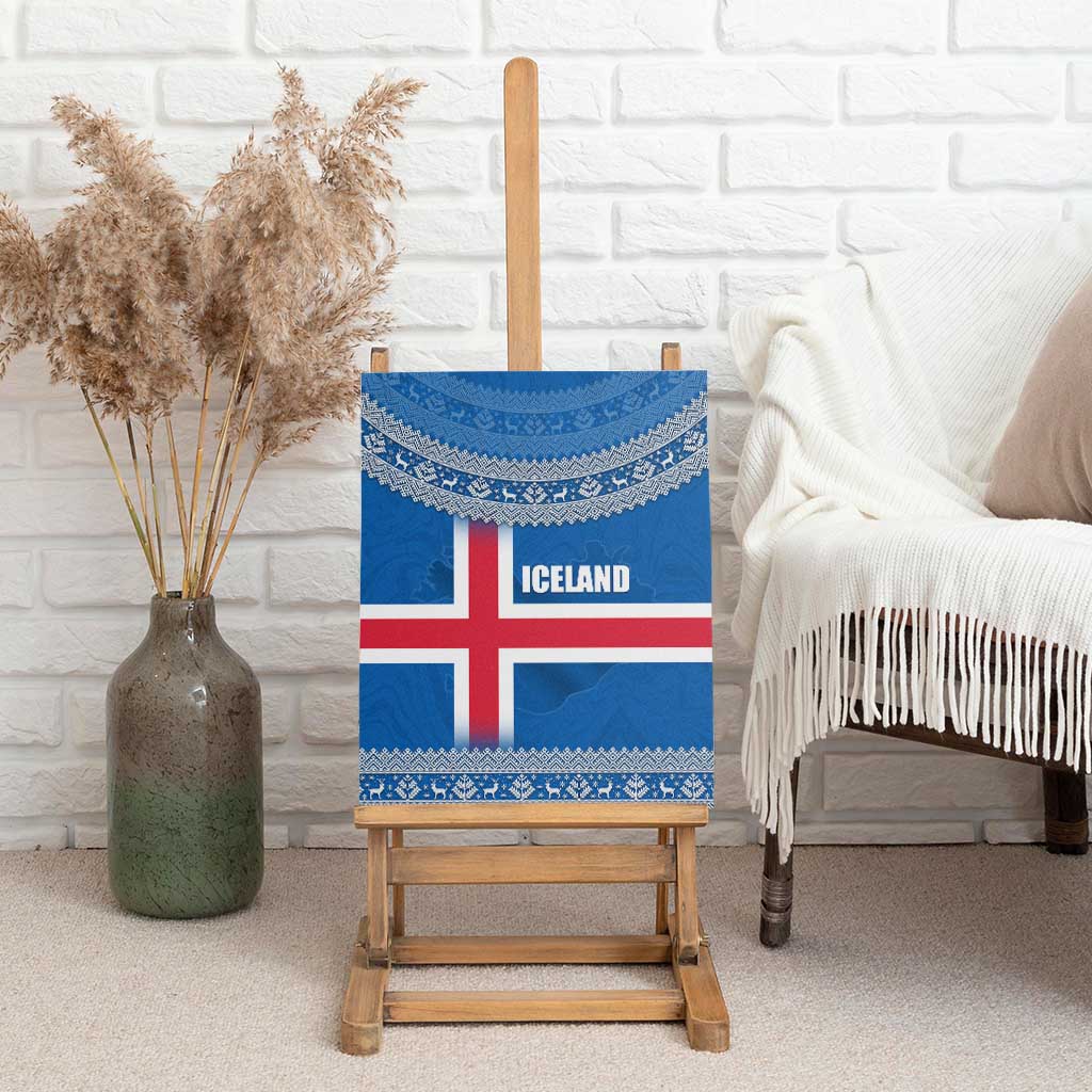 Iceland Flag Canvas Wall Art with Icelandic Crest and Traditional Nordic Knit Pattern Design