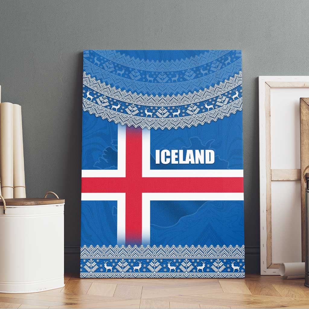Iceland Flag Canvas Wall Art with Icelandic Crest and Traditional Nordic Knit Pattern Design