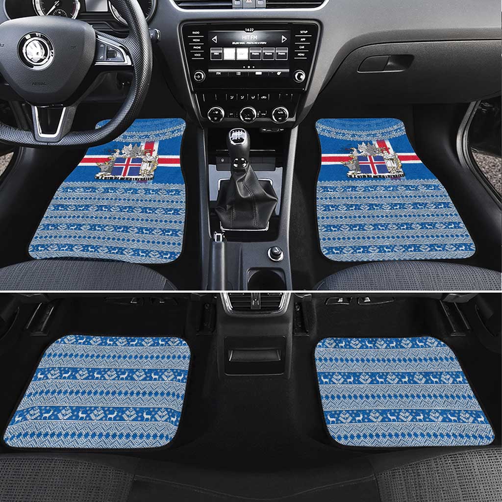 Iceland Flag Car Mats with Icelandic Crest and Traditional Nordic Knit Pattern Design
