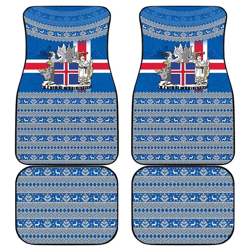 Iceland Flag Car Mats with Icelandic Crest and Traditional Nordic Knit Pattern Design