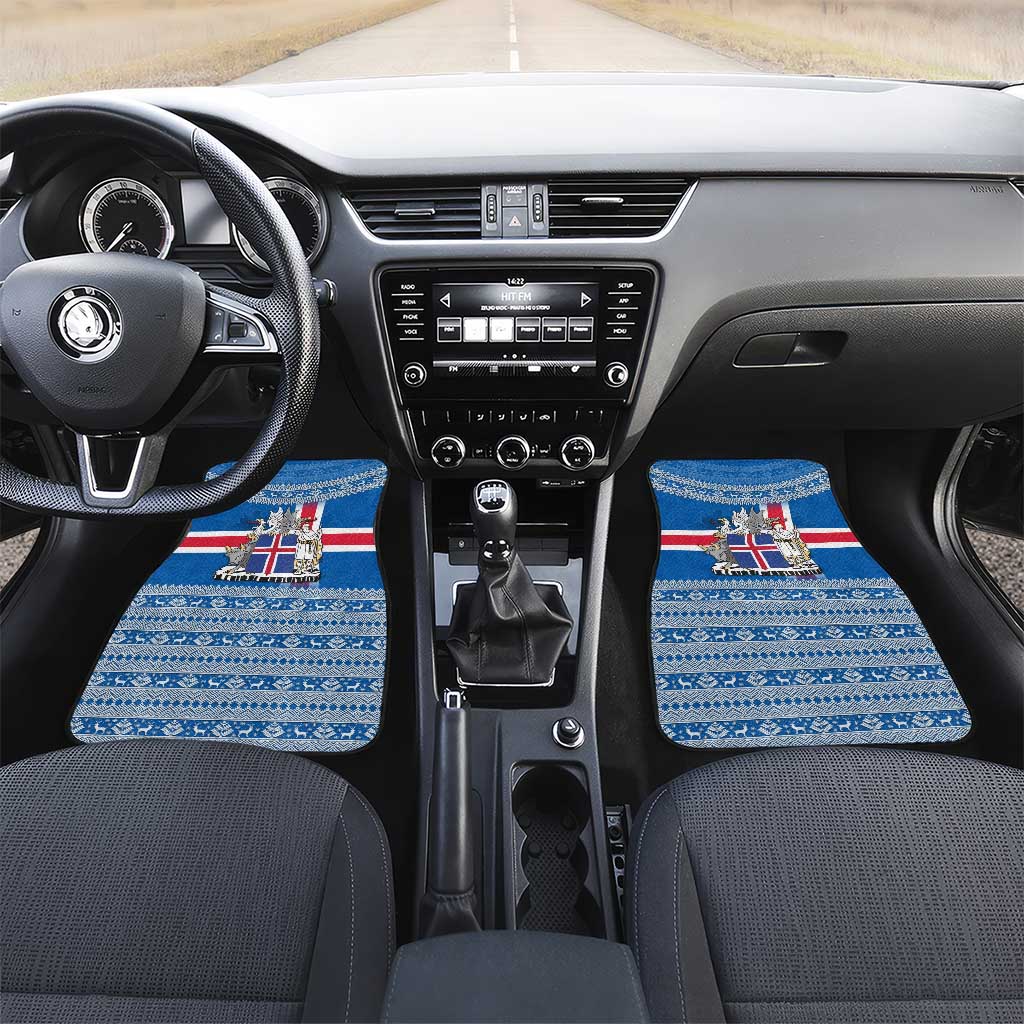 Iceland Flag Car Mats with Icelandic Crest and Traditional Nordic Knit Pattern Design