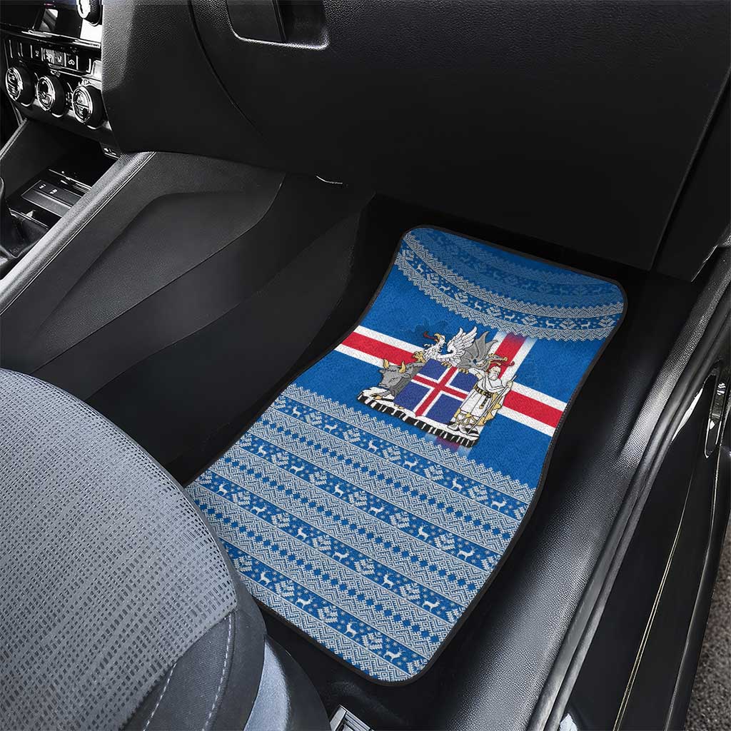 Iceland Flag Car Mats with Icelandic Crest and Traditional Nordic Knit Pattern Design