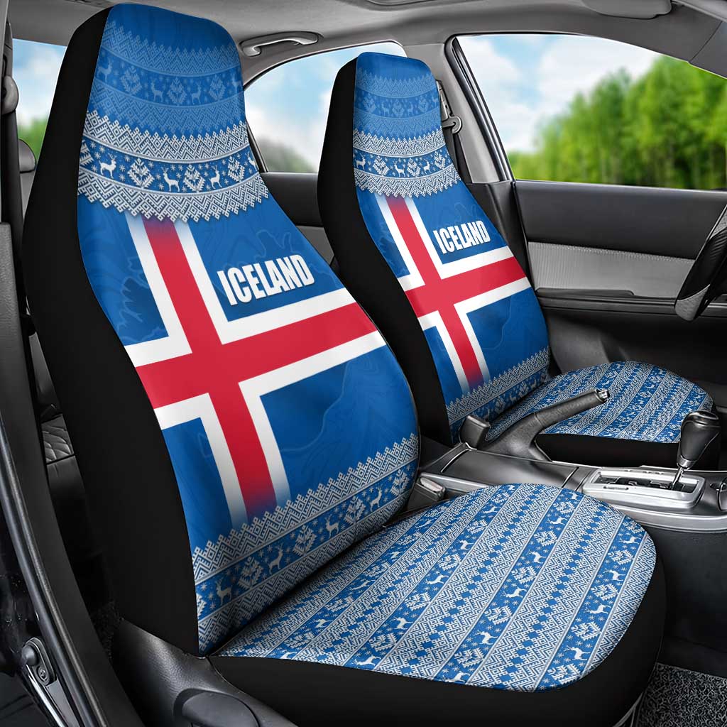 Iceland Flag Car Seat Cover with Icelandic Crest and Traditional Nordic Knit Pattern Design