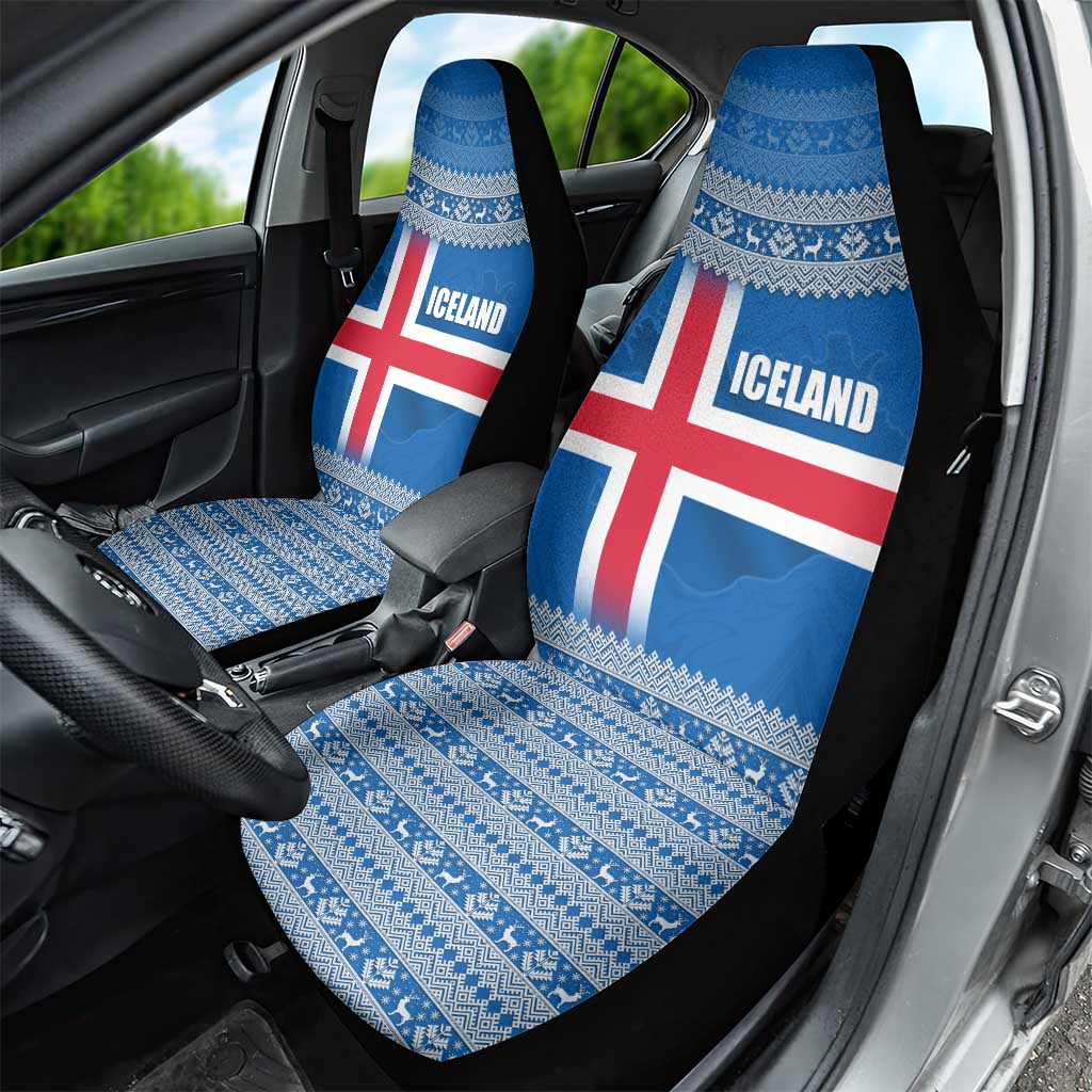 Iceland Flag Car Seat Cover with Icelandic Crest and Traditional Nordic Knit Pattern Design