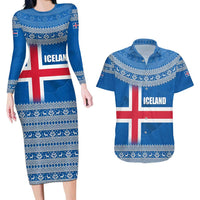 Iceland Flag Couples Matching Long Sleeve Bodycon Dress and Hawaiian Shirt with Icelandic Crest and Traditional Nordic Knit Pattern Design