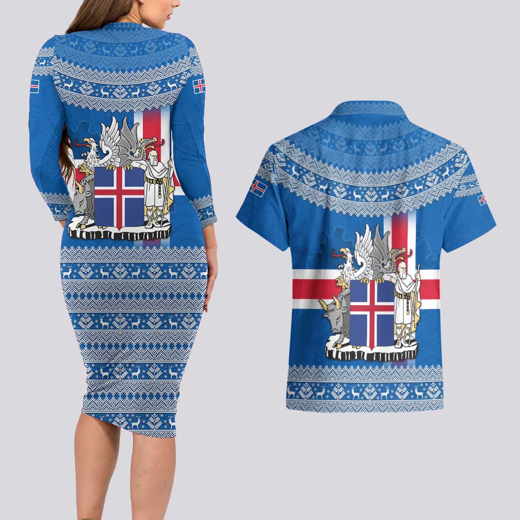 Iceland Flag Couples Matching Long Sleeve Bodycon Dress and Hawaiian Shirt with Icelandic Crest and Traditional Nordic Knit Pattern Design