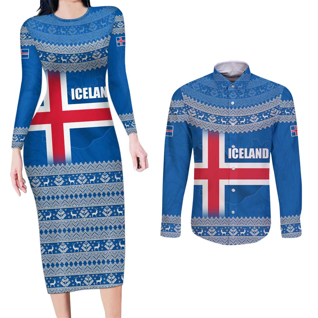 Iceland Flag Couples Matching Long Sleeve Bodycon Dress and Long Sleeve Button Shirt with Icelandic Crest and Traditional Nordic Knit Pattern Design