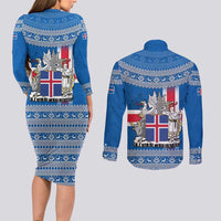 Iceland Flag Couples Matching Long Sleeve Bodycon Dress and Long Sleeve Button Shirt with Icelandic Crest and Traditional Nordic Knit Pattern Design