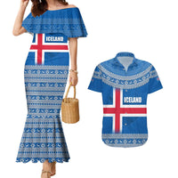 Iceland Flag Couples Matching Mermaid Dress and Hawaiian Shirt with Icelandic Crest and Traditional Nordic Knit Pattern Design